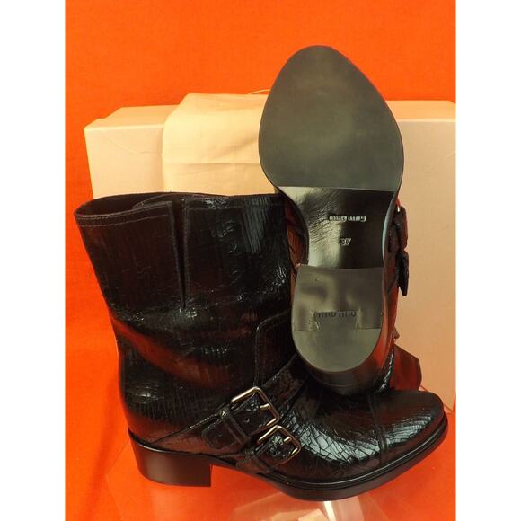 NEW MIU MIU PRADA BLACK CRACKED LEATHER MOTO BIKER 2X BELTED SHORT BOOTS 37 $895 - Picture 11 of 12